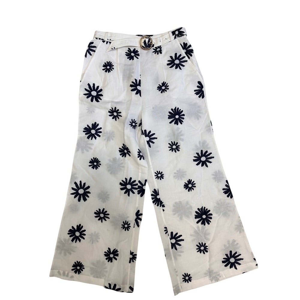 NWT Something Navy Embroidered Wide Leg Crop Pants White Navy Floral Belted S
